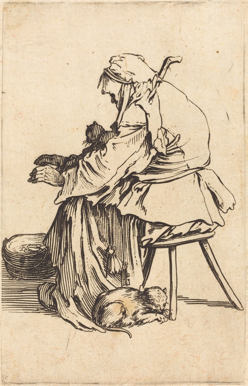 Stará žena s kočkami od Jacques Callot