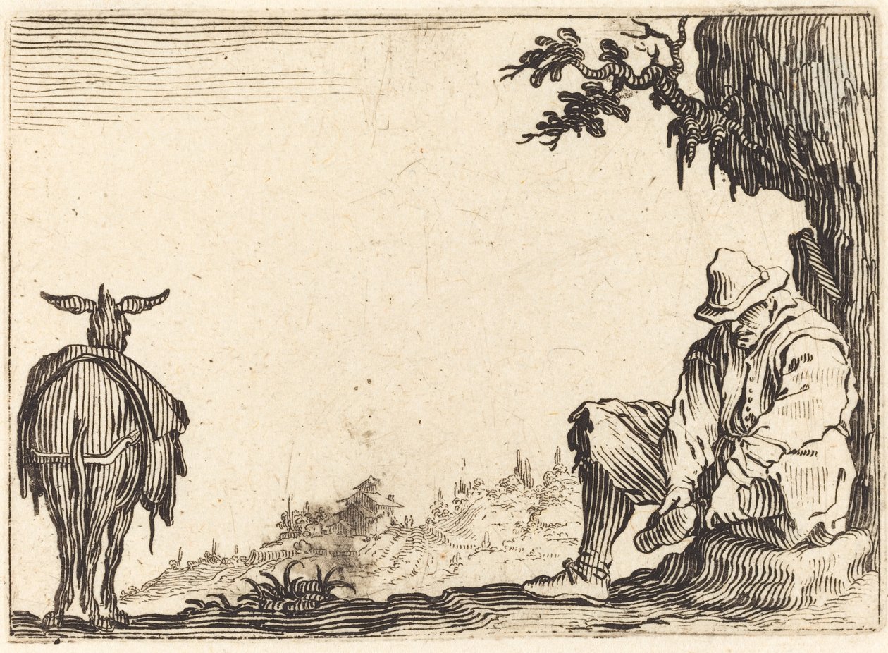 Rolník zouvající si botu, c. 1622. od Jacques Callot
