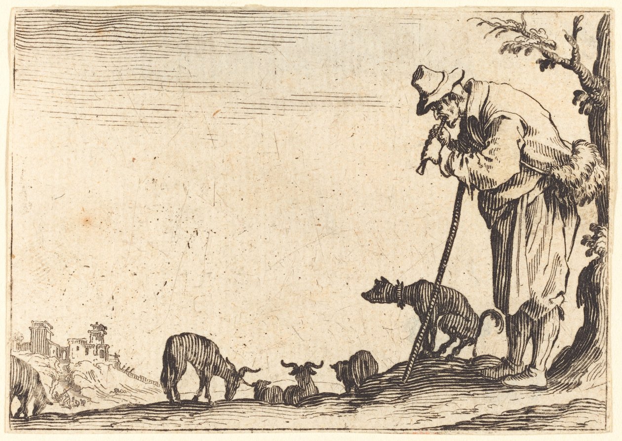 Pastýř hrající na flétnu od Jacques Callot