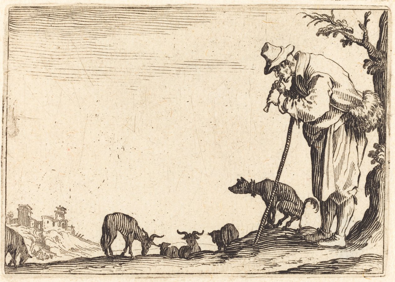 Pastýř hrající na flétnu od Jacques Callot