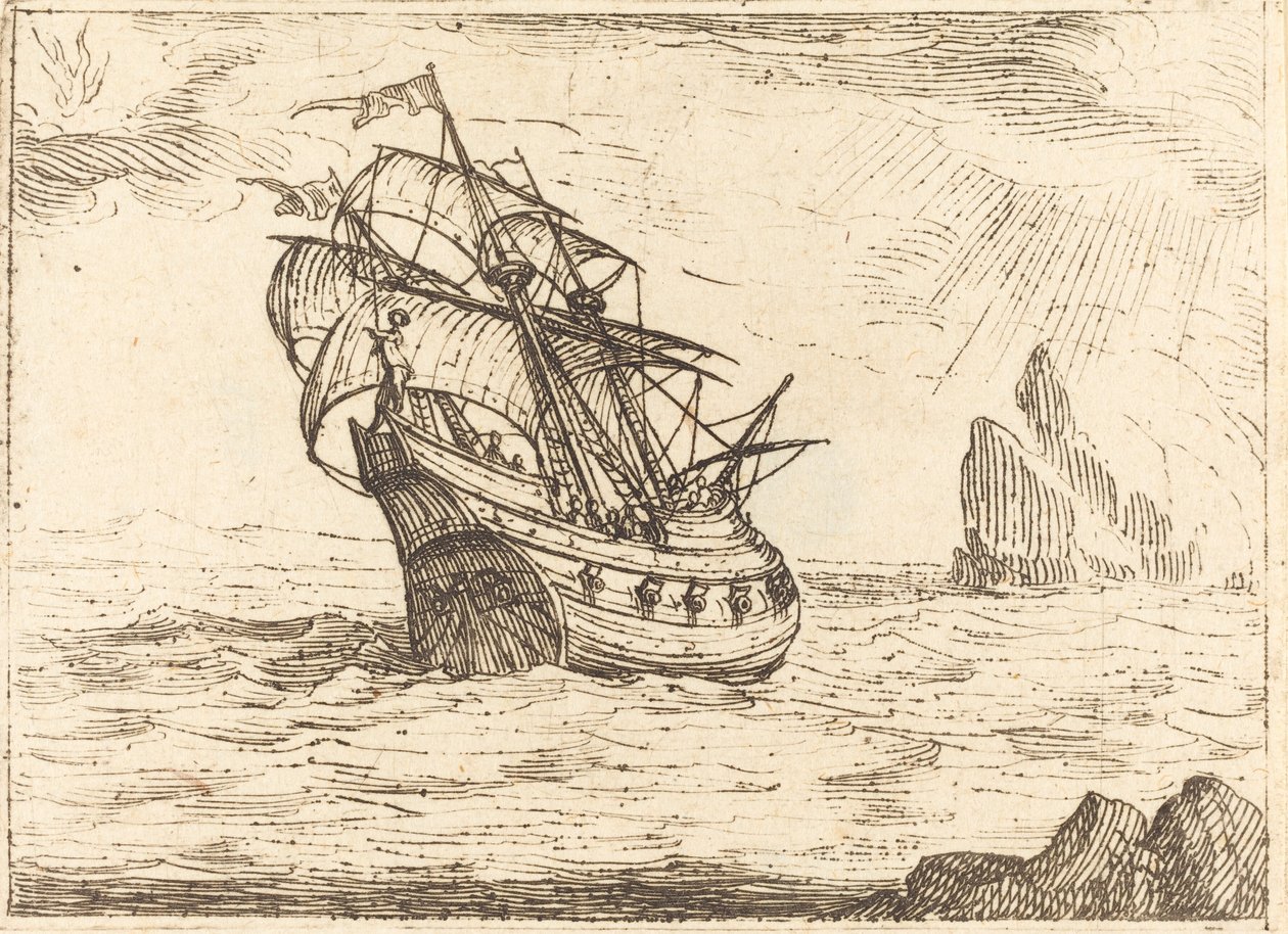 Loď plující poblíž skal. od Jacques Callot