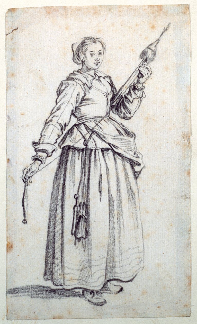 Žena s vřetenem (černá křída na papíře) od Jacques Callot