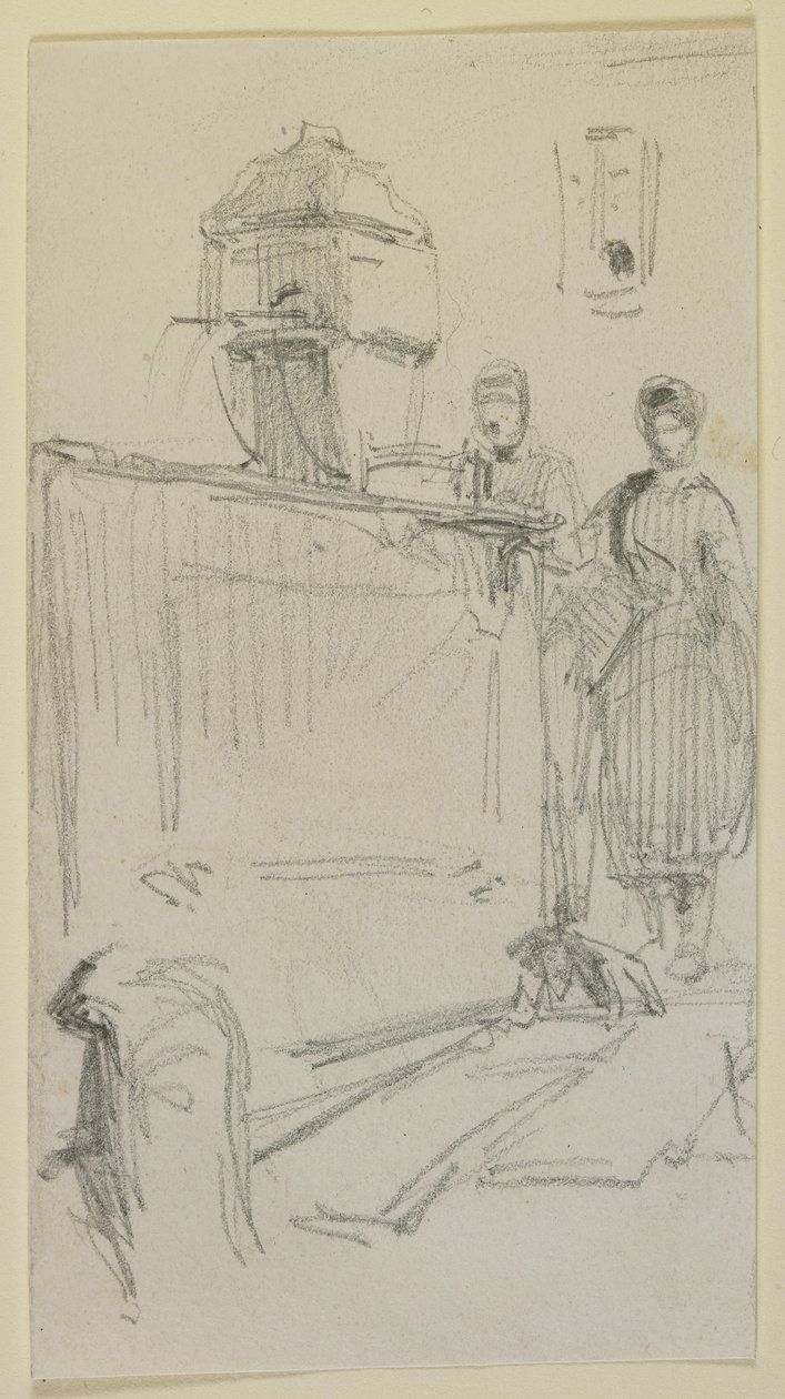 Postavy u fontány, 1858 (tužka na špinavě bílém tkaném papíře) od James Abbott McNeill Whistler