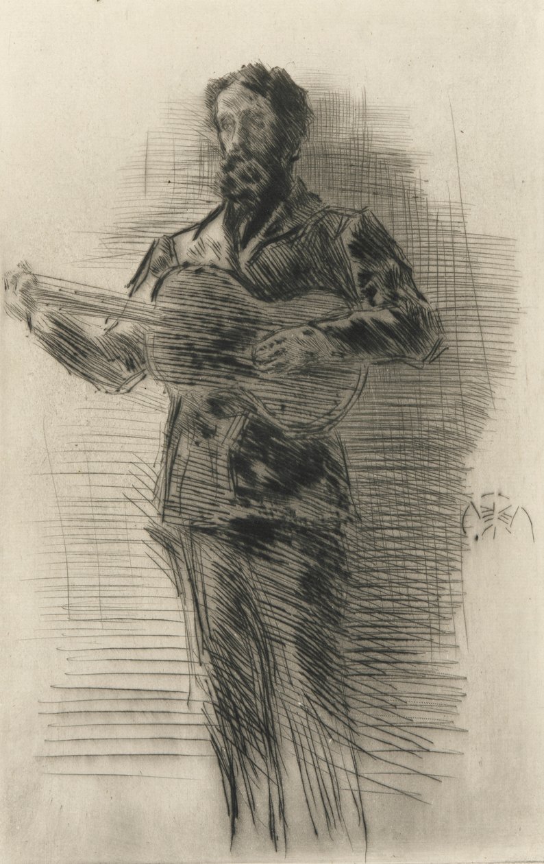 The Guitar Player, 1875 (suchá jehla na papíře) od James Abbott McNeill Whistler