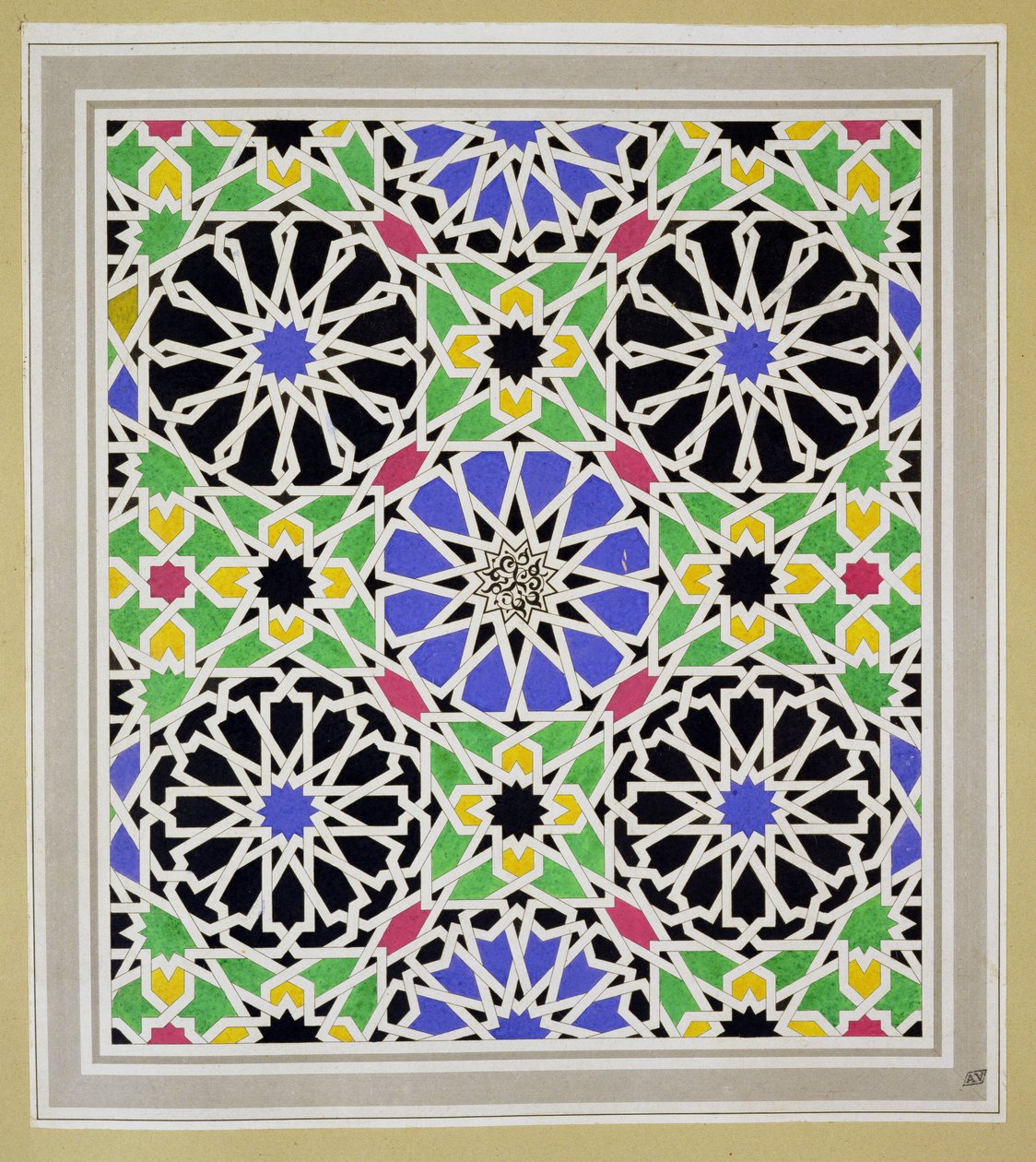 Mozaiková dlažba v šatně Sultany, Alhambra, z „Arabských starožitností Španělska“, publikovaná v roce 1815 od James Cavanagh Murphy