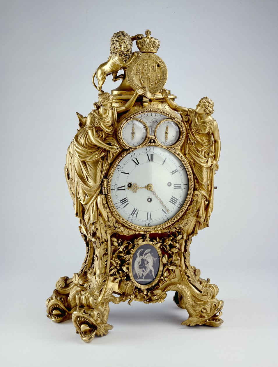 Hodiny, 1775 - 1800 bronz, žárové zlacení, ormol od James Cox