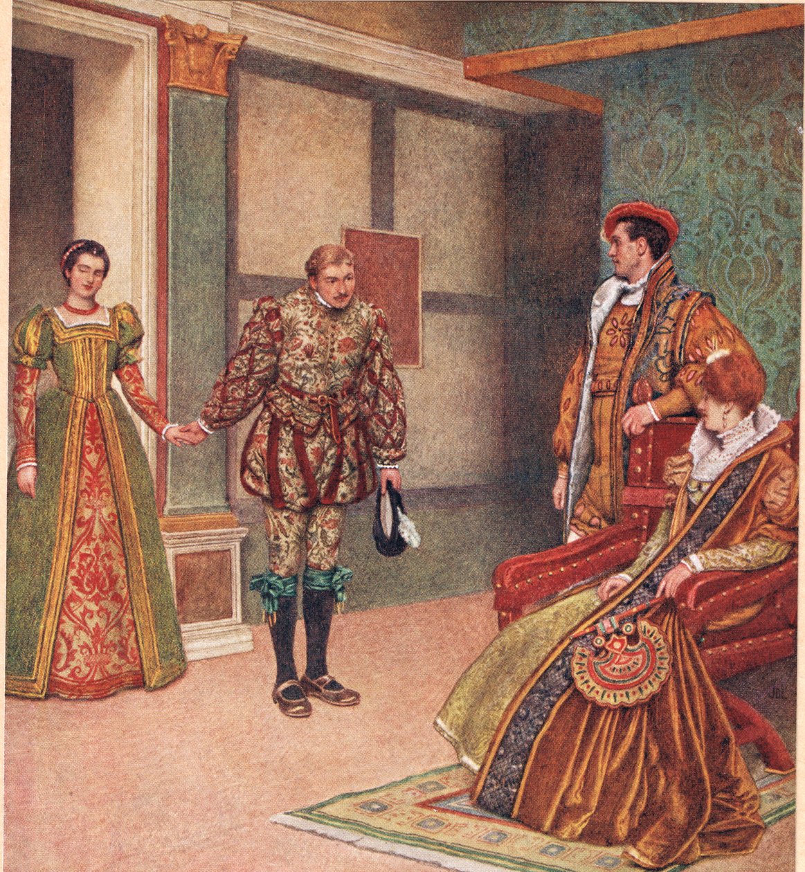 „Viděl jsi paní, viděl jsem služku“, ilustrace z „Kupce benátského“, kolem roku 1910 od James Dromgole Linton