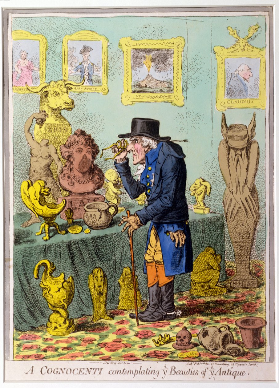 A Cognocenti Contemplating Ye Beauties of Ye Antique, publikovala Hannah Humphrey v roce 1801 (ručně kolorovaný lept) od James Gillray