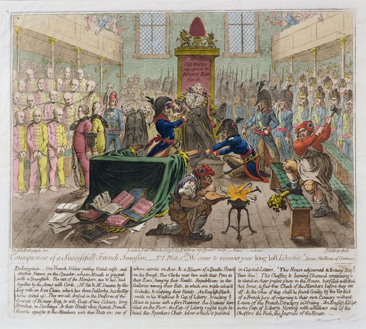 Důsledky úspěšné francouzské invaze aneb Přicházíme obnovit vaše dávno ztracené svobody, 1798 (ručně kolorovaný lept) od James Gillray