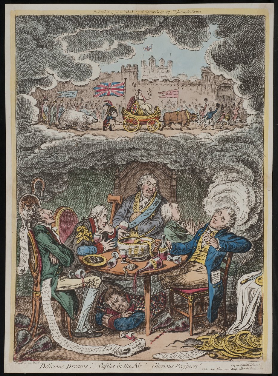 Lahodné sny! Vzdušné zámky! Skvělé vyhlídky! vide Odpolední spánek po únavě z oficiální večeře od James Gillray