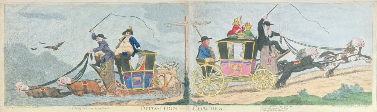 Opoziční trenéři, vydavatelství S.W. Fores v roce 1788 (ručně kolorovaný lept) od James Gillray
