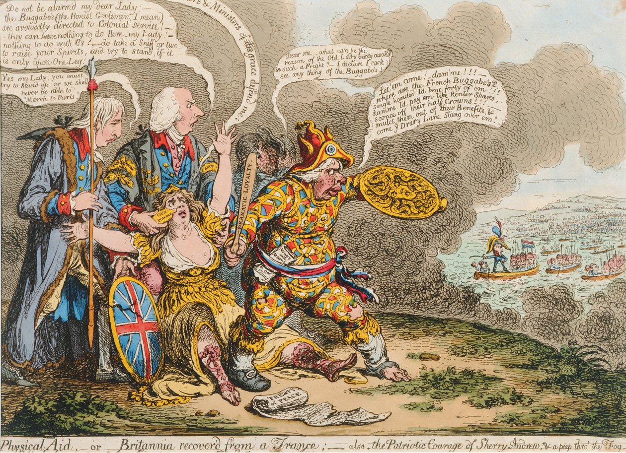 Fyzická pomoc aneb Britannia zotavená z transu: také Vlastenecká odvaha Sherry Andrewsové a nahlédnutí do mlhy, kterou vydala Hannah Humphrey v roce 1803 (ručně kolorovaný lept) od James Gillray