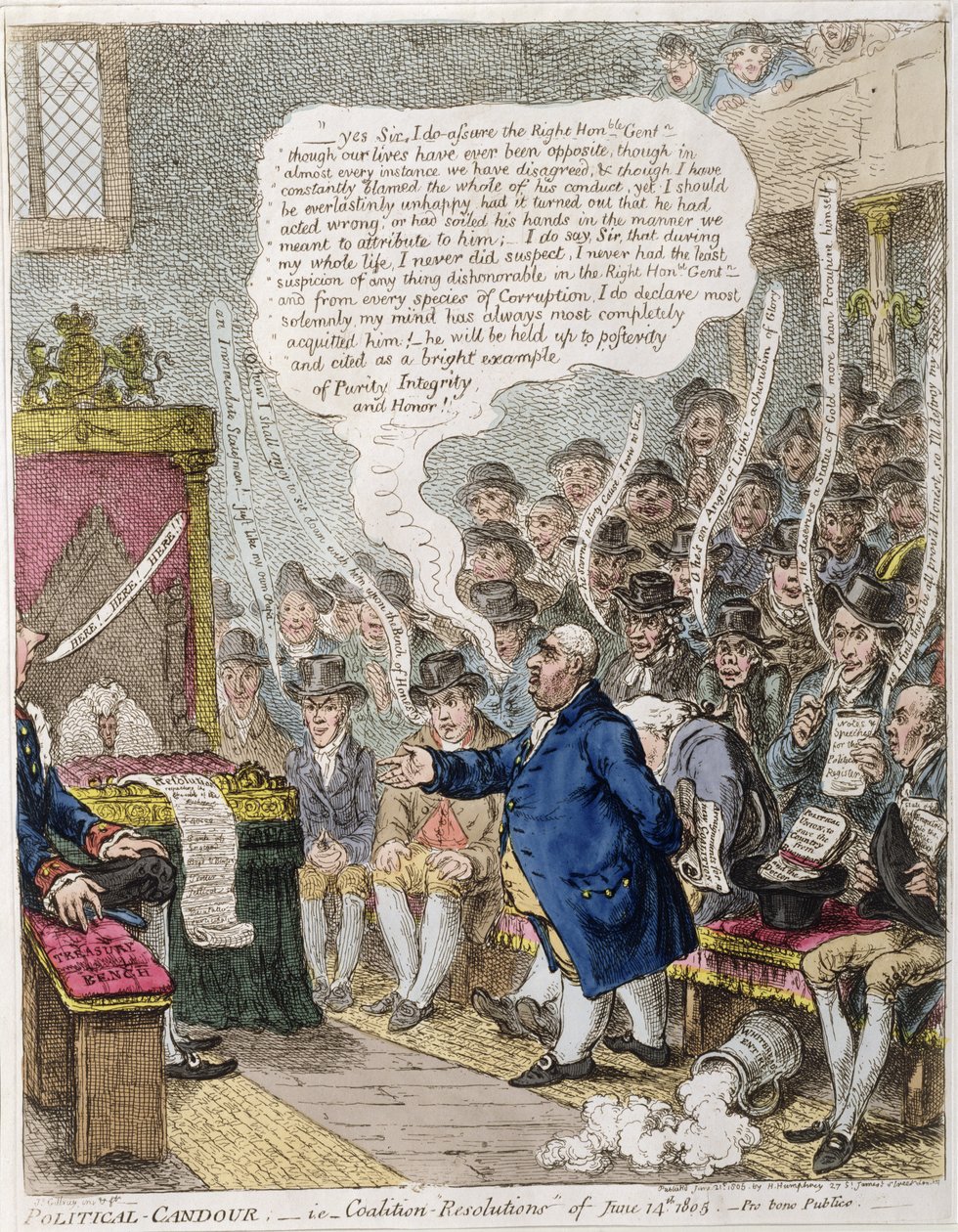 Political Candour, tj. koaliční „Resolutions“ ze 14. června 1805. Pro Bono Publico, publikovala Hannah Humphrey v roce 1805 (ručně kolorovaný lept) od James Gillray