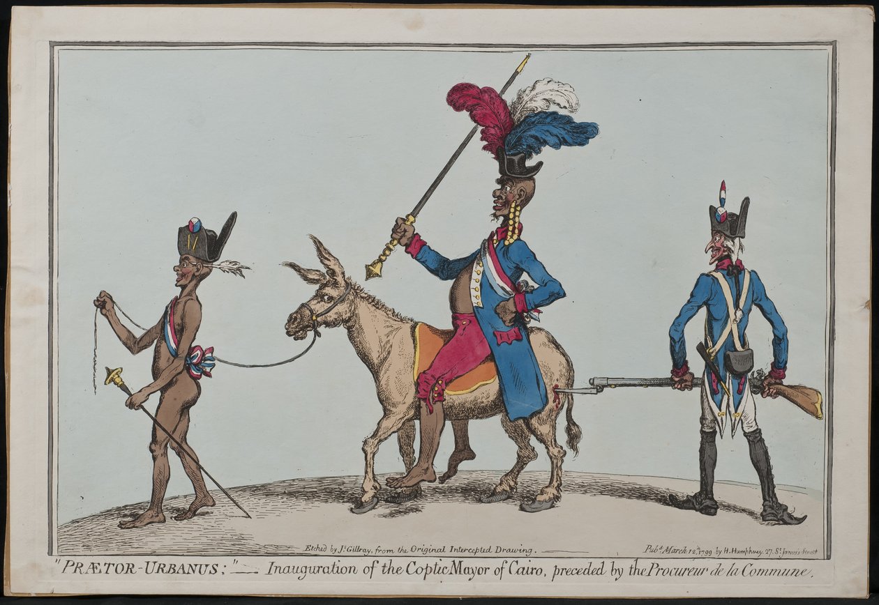 Praetor-Urbanus, inaugurace koptského starosty Káhiry, předcházel Procureur De La Commune od James Gillray
