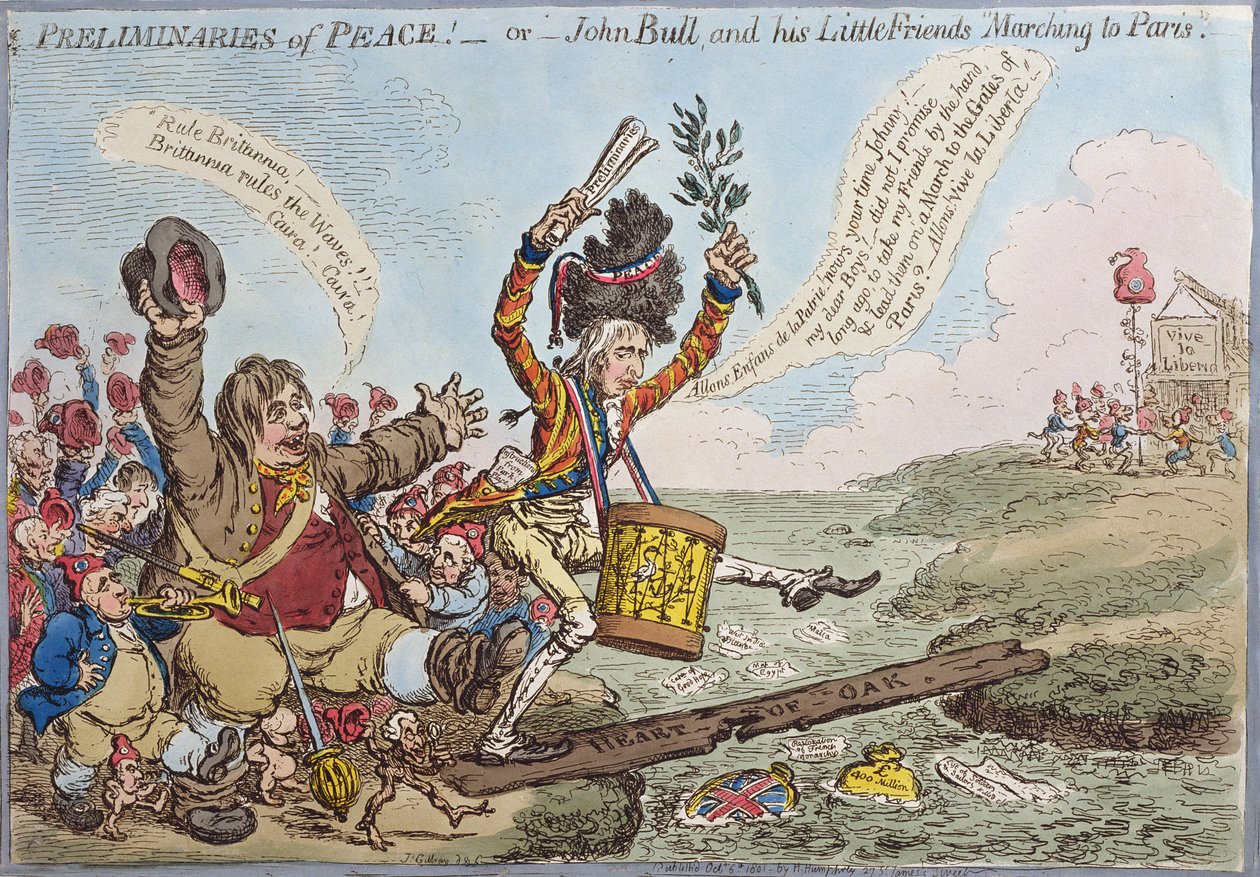 Preliminaries of Peace, aneb John Bull and his Little Friends Marching to Paris, vydal Hannah Humphrey v roce 1801 (ručně kolorovaný lept) od James Gillray