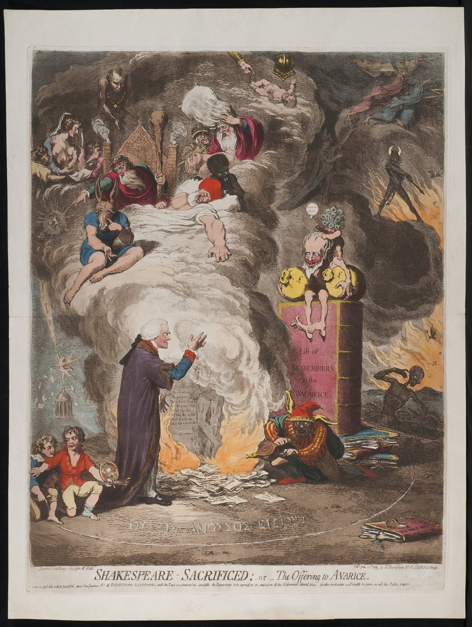 Shakespeare obětovaný aneb Obětování hrabivosti, 1789 od James Gillray