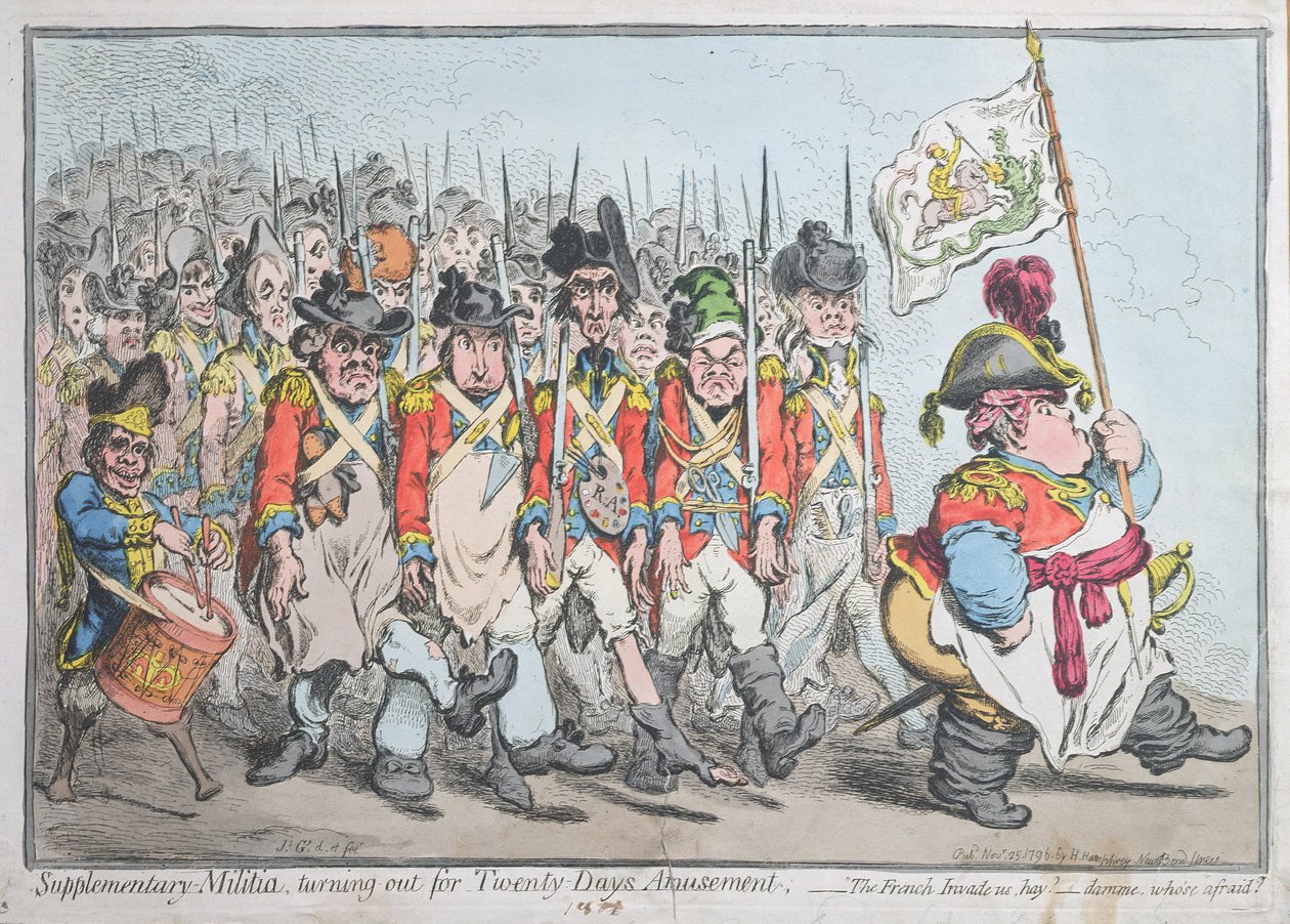 Doplňková domobrana, která se vydává na dvacet dní zábavy aneb Francouzi nás přepadnou, seno damme, kdo se bojí, vydal Hannah Humphrey v roce 1796 (ručně kolorovaný lept) od James Gillray