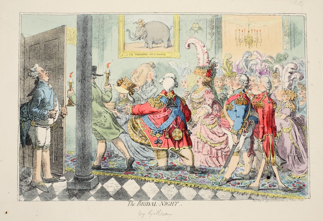 Svatební noc, 1797 (ručně kolorovaný lept) od James Gillray