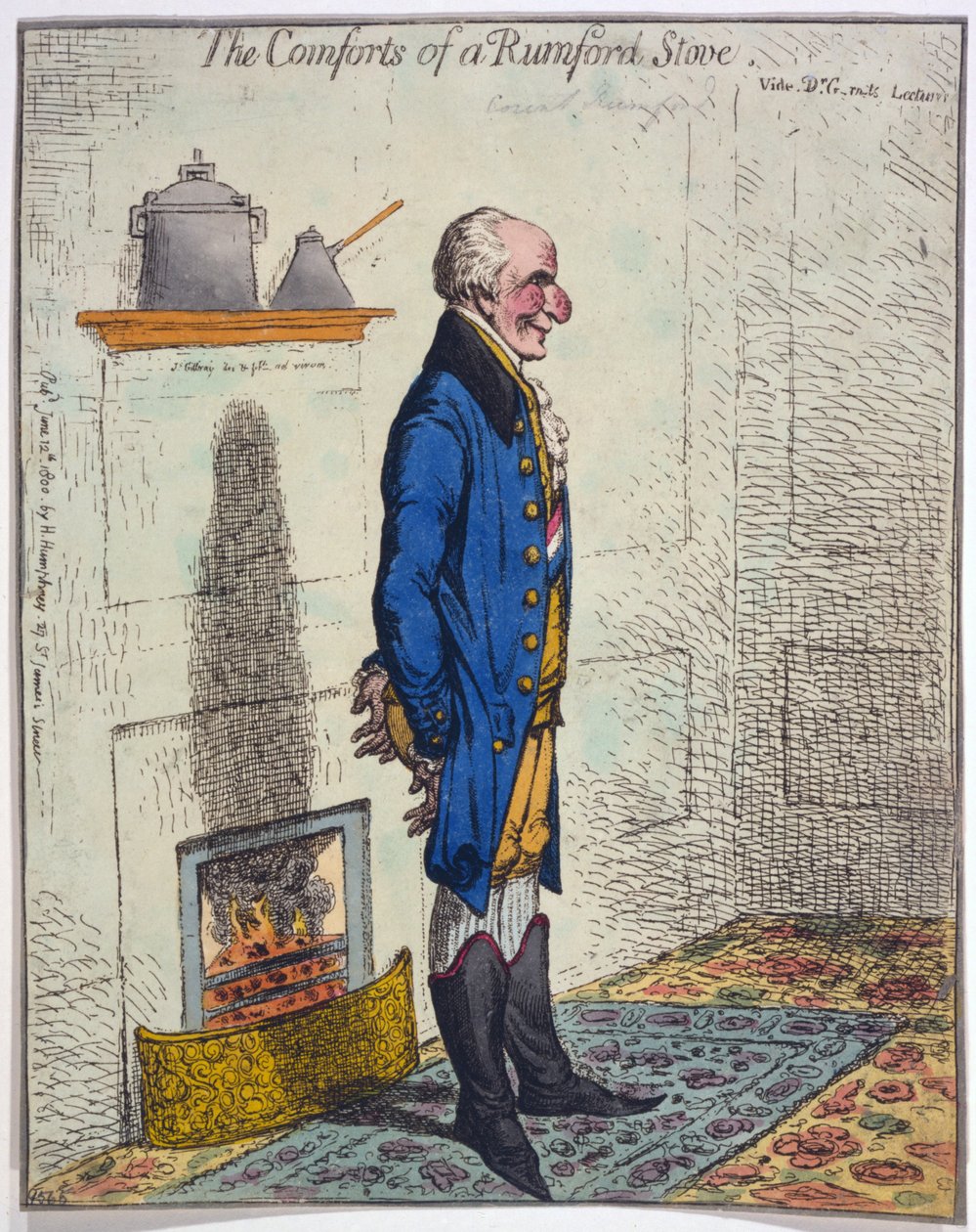 The Comforts of a Rumford sporák, hospoda. 1800 (ručně kolorovaná rytina) od James Gillray