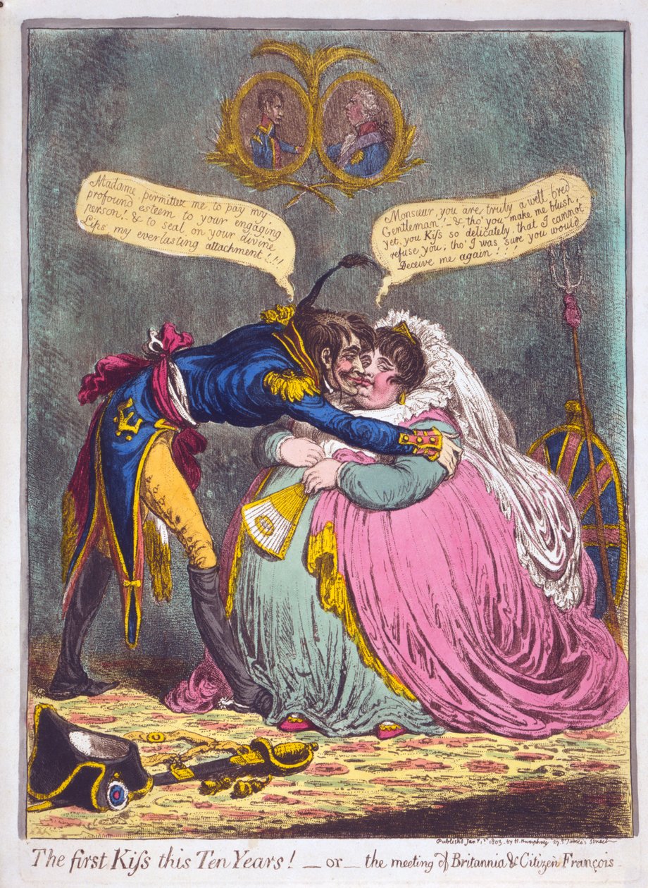 První polibek po deseti letech! Aneb setkání Britannia und Citizen Francois, pub. 1803 (ručně kolorovaná rytina) od James Gillray