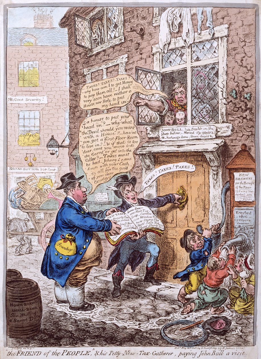 „Přítel lidu“ a jeho Petty New Tax Gatherer, při návštěvě Johna Bulla, vydané Hannah Humphrey v roce 1806 (ručně kolorovaný lept) od James Gillray