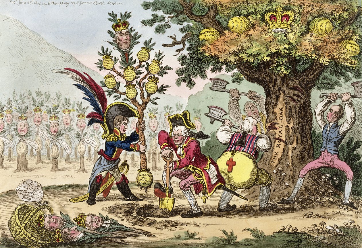 Nová dynastie aneb Malý korsický zahradník sázející královský Pipin Tree, vydaná Hannah Humphrey v roce 1807 (ručně kolorovaný lept) od James Gillray