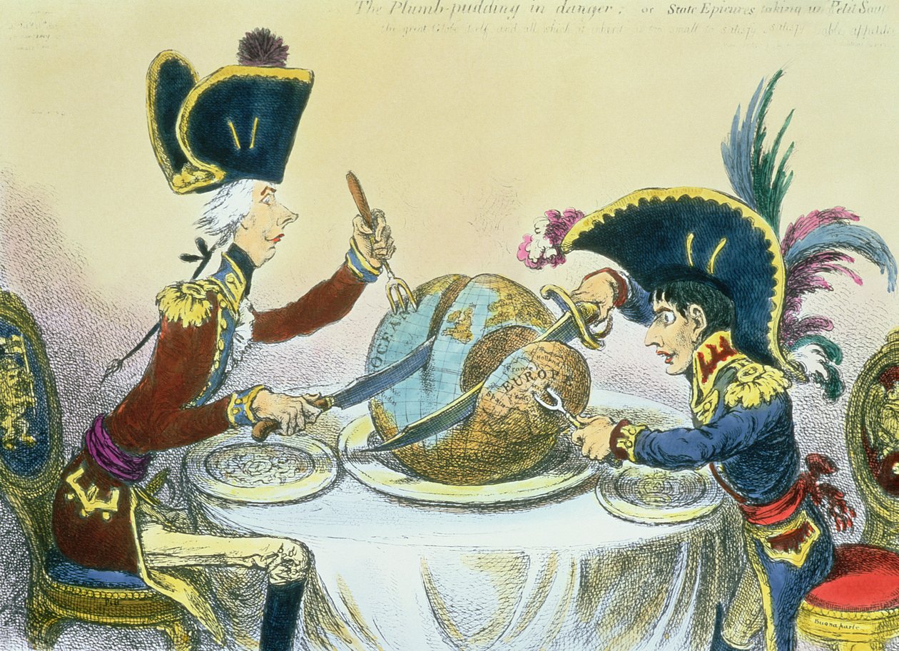 The Plum Pudding in Danger, 1805 (barevná rytina) od James Gillray
