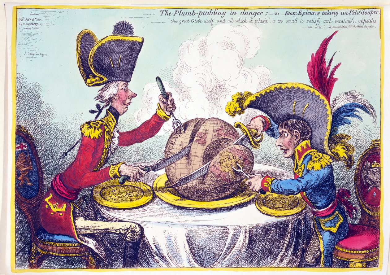 Plum Pudding in Danger, aneb State Epicures s Petit Souper, hospoda. 26. února 1805 (ručně kolorovaná rytina) od James Gillray