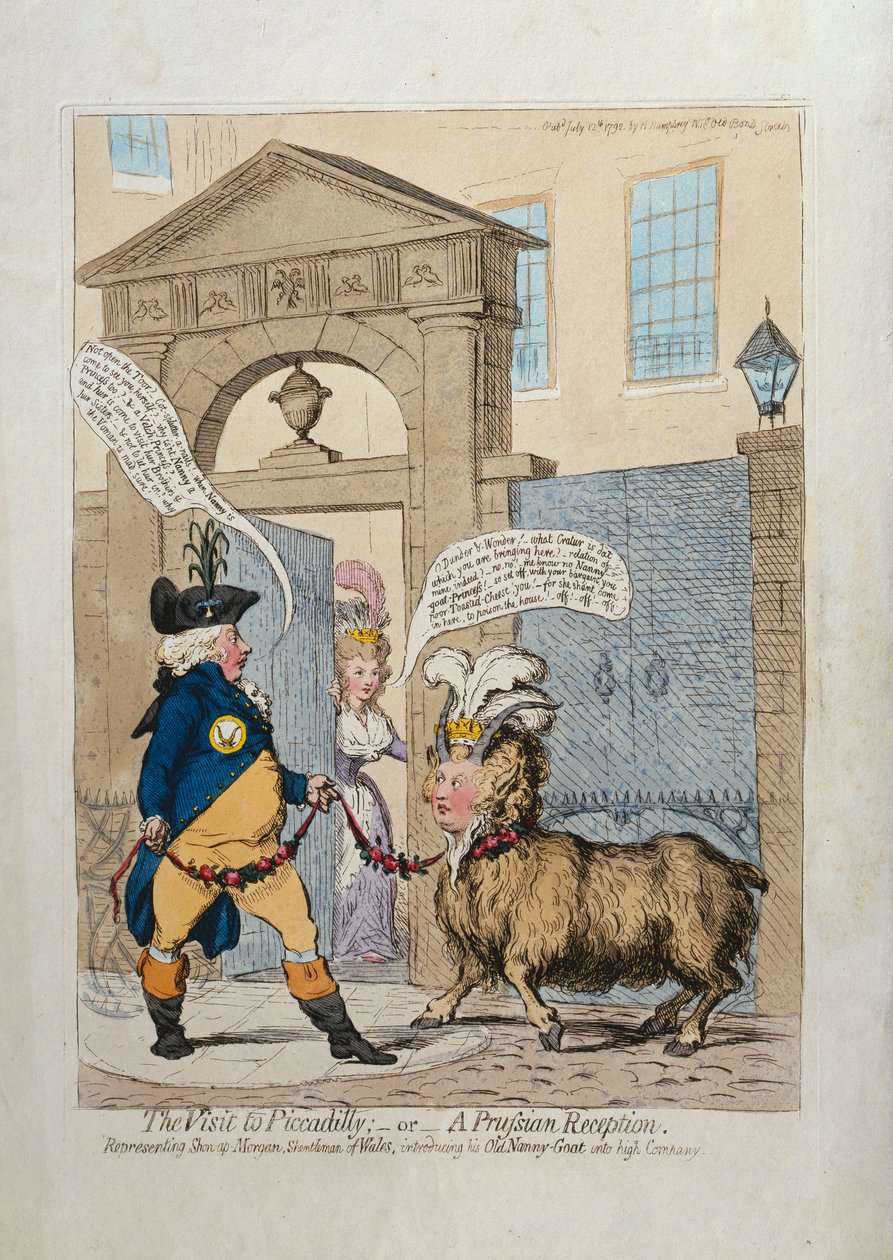 The Visit to Piccadilly, aneb A Prussian Reception, publikovala Hannah Humphrey v roce 1793 (ručně kolorovaný lept) od James Gillray