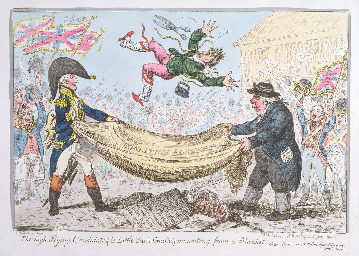 Vysoko létající kandidát (tj. Little Paul Goose) montáž z deky, kterou vydala Hannah Humphrey v roce 1806 (ručně kolorovaný lept) od James Gillray