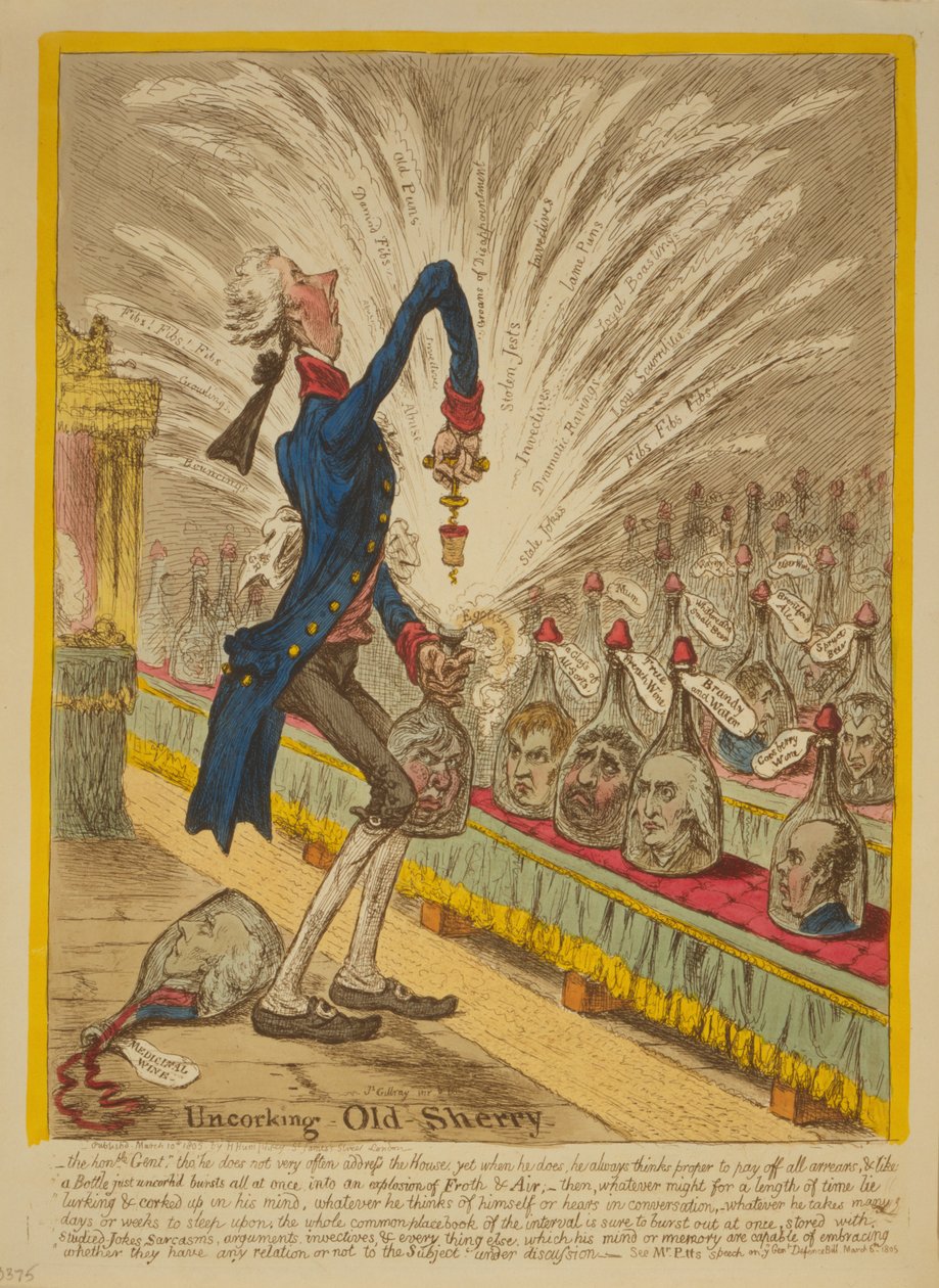 Uncorking Old Sherry, 1805 (ručně kolorovaný lept) od James Gillray