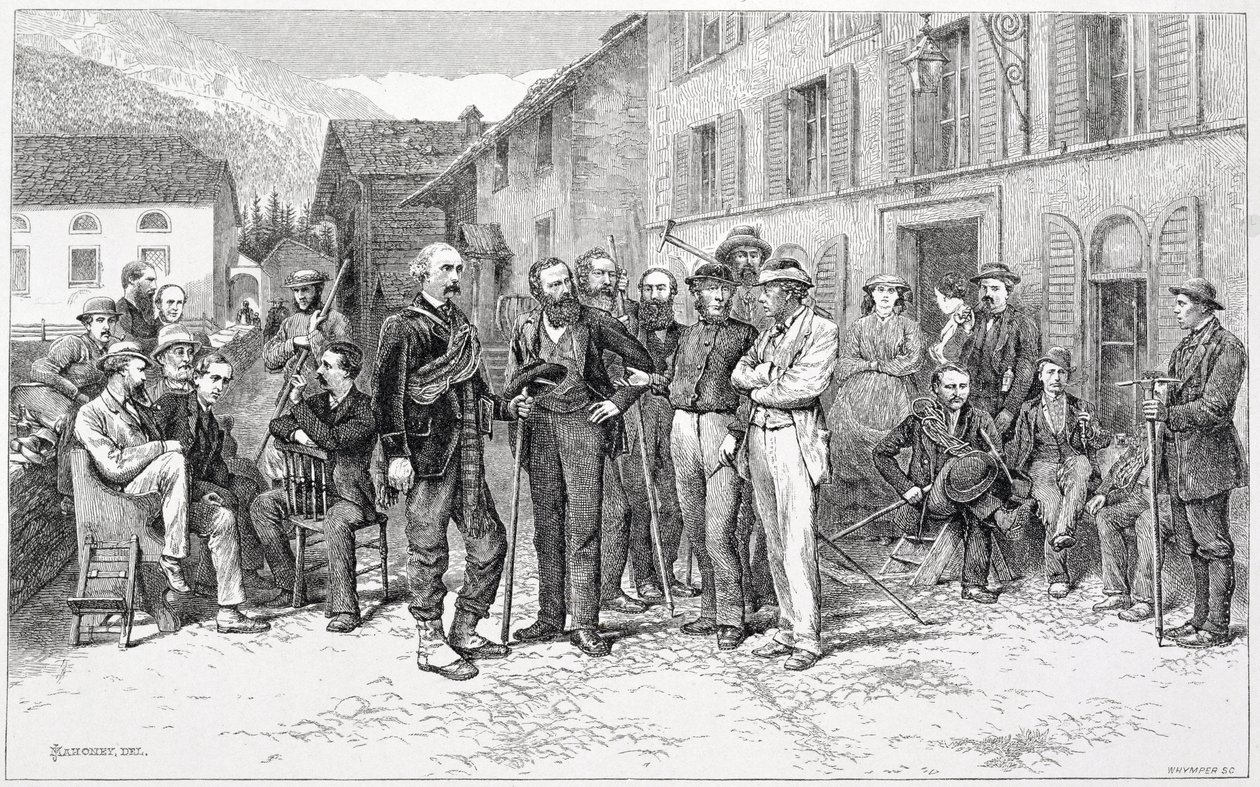 Klubovna v Zermattu z roku 1864, z „Výstupu na Matterhorn“, vyrytého Edwardem Whymperem (1840–1911), publikovaná v 60.–80. od James Mahoney
