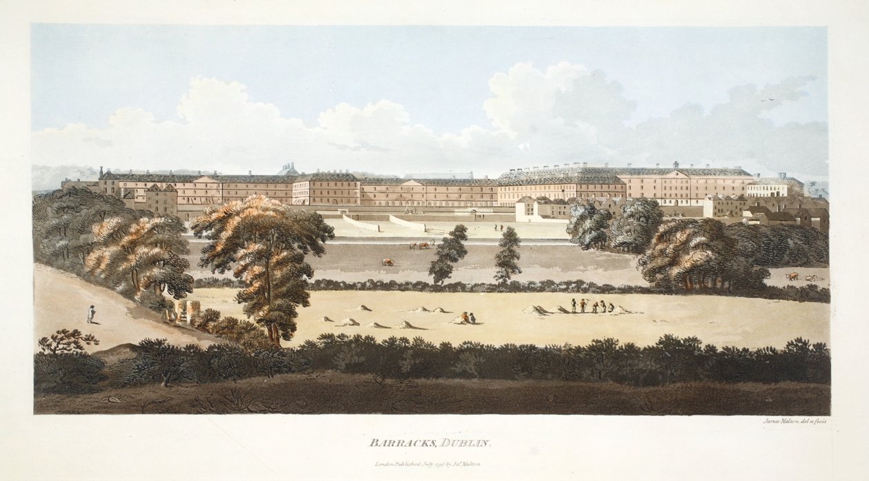 Barracks, Dublin (ručně kolorovaná rytina) od James Malton