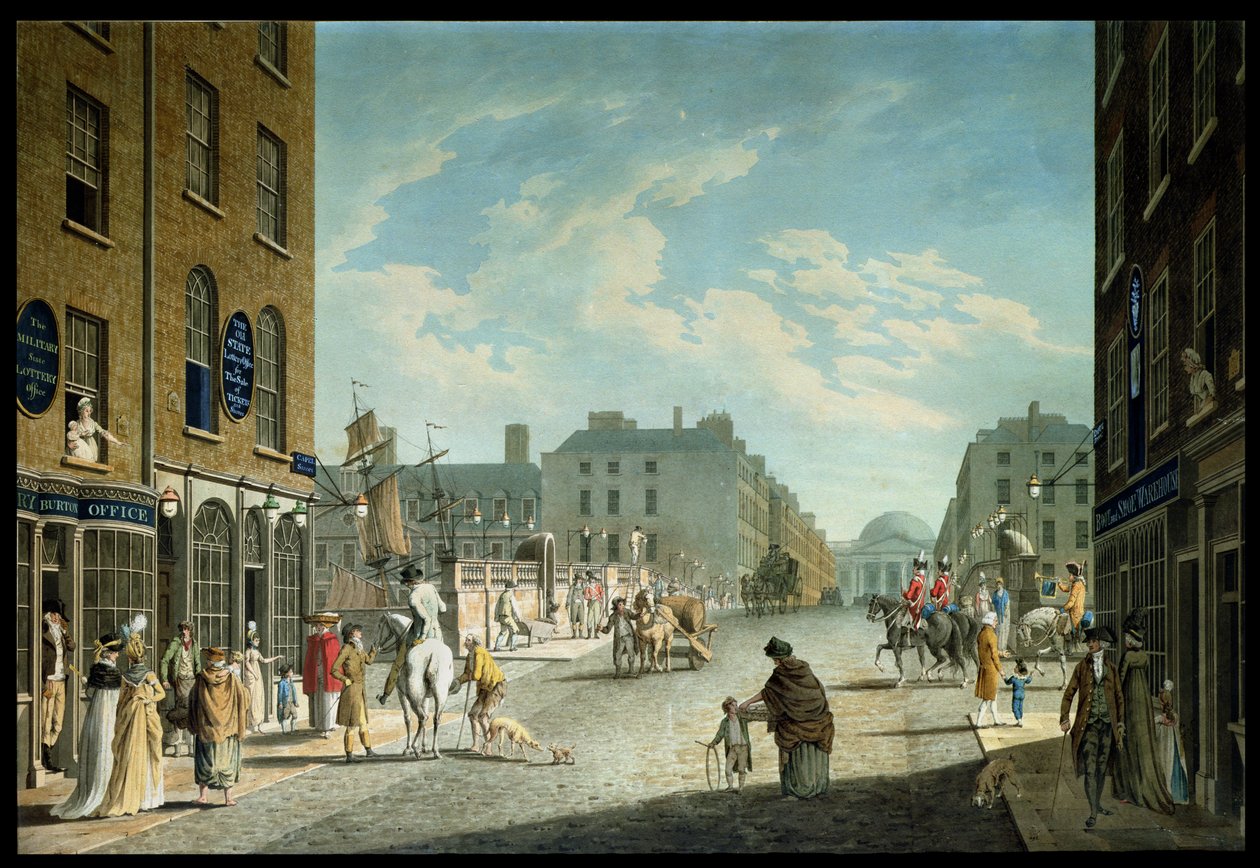 Capel Street s Royal Exchange, Dublin, 1800 od James Malton