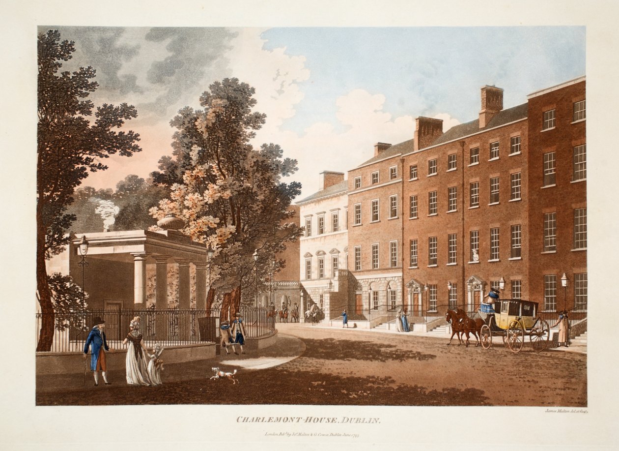 Charlemont-House, Dublin, 1793 (ručně kolorovaná rytina) od James Malton