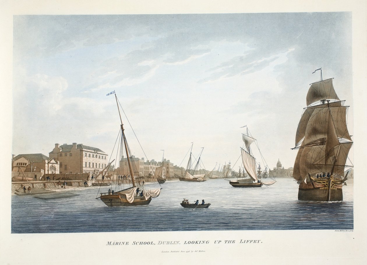 Námořní škola, Dublin, pohled na Liffey, 1796 (ručně kolorovaná rytina) od James Malton