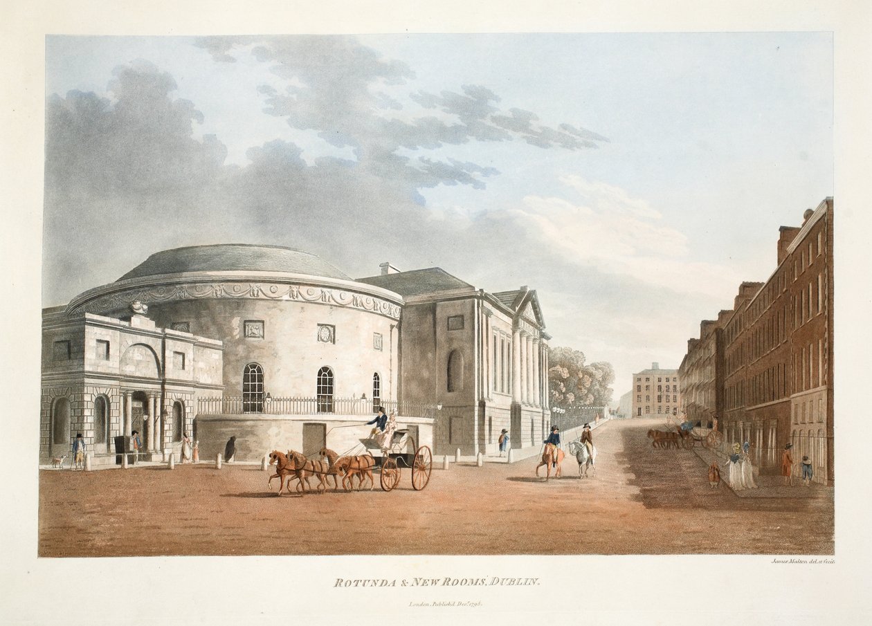 Rotunda und New Rooms, Dublin, 1795 (ručně kolorovaná rytina) od James Malton