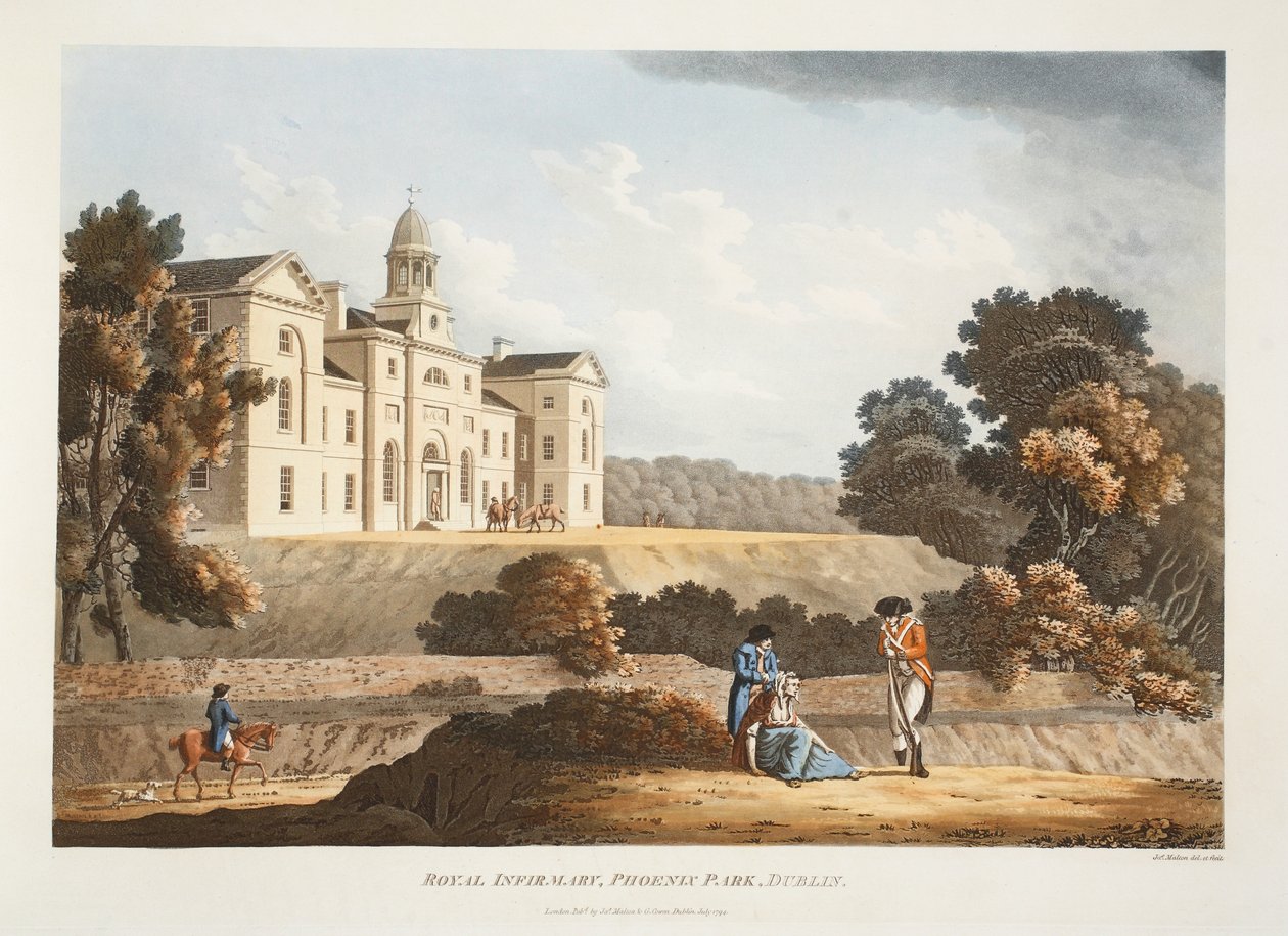 Royal Infirmary, Phoenix Park, Dublin, 1794 (ručně kolorovaná rytina) od James Malton