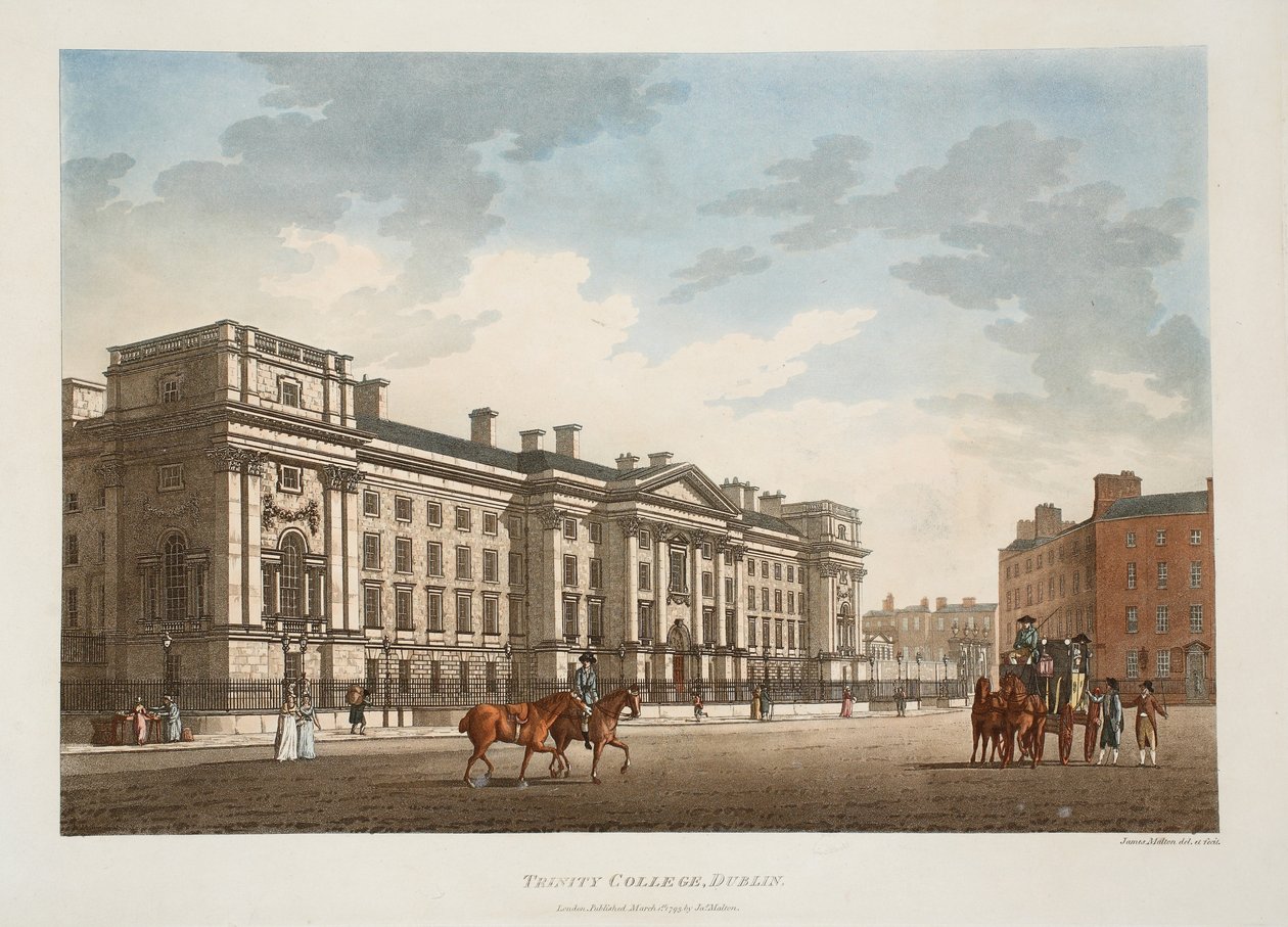 Trinity College, Dublin, 1793 (ručně kolorovaná rytina) od James Malton