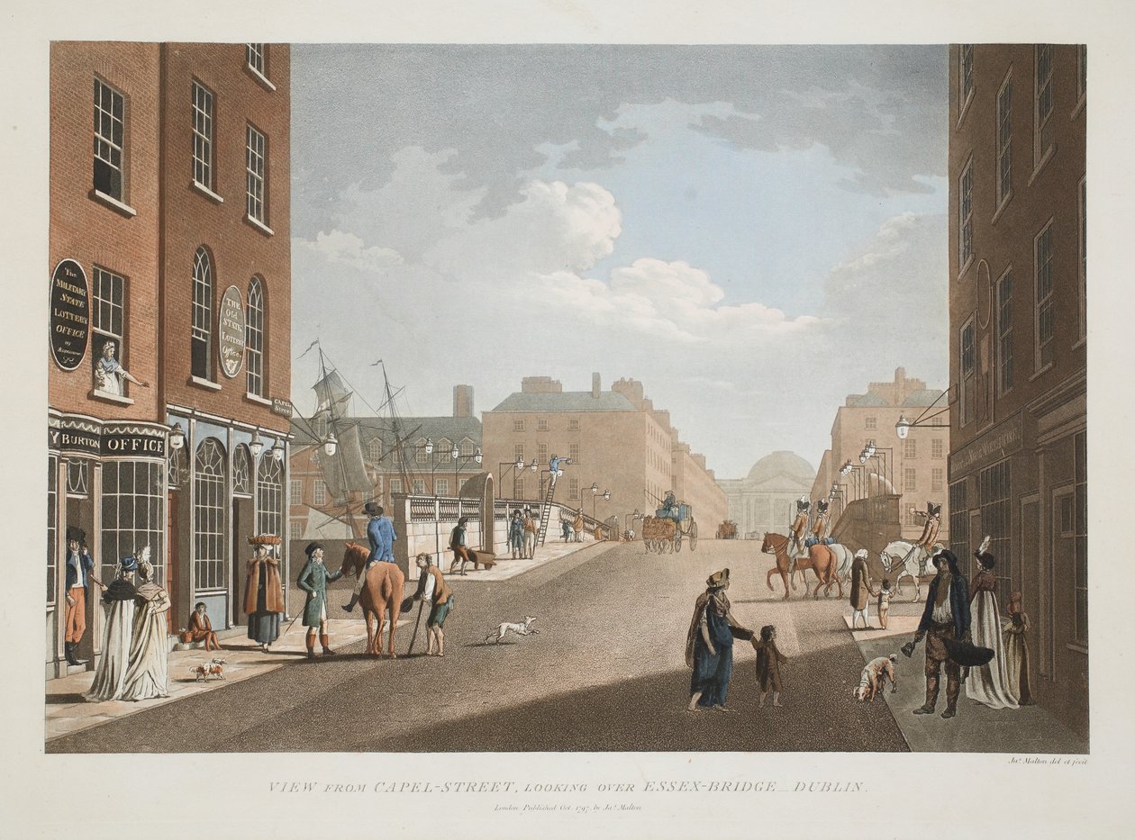 Pohled z Capel-Street, pohled přes Essex-Bridge, Dublin, 1797 (ručně kolorovaná rytina) od James Malton