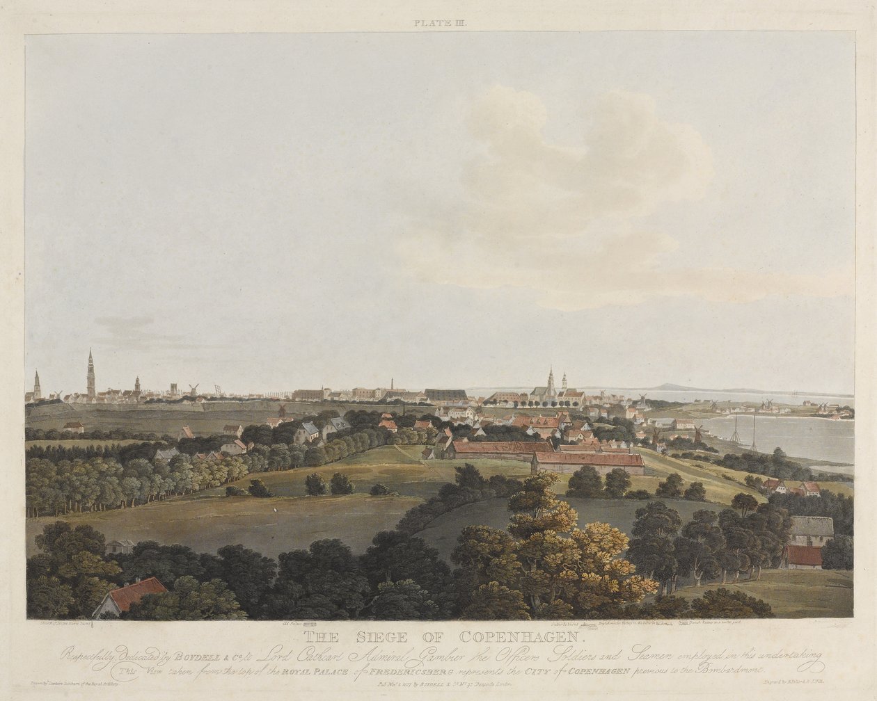 Dánsko 1807: Obležení Kodaně, vyryto Robertem Pollardem (1792-1876) a Josephem Constantine Stadlerem (1780-1812), vydáno v roce 1807 (barevná akvatinta) od James Pattison Cockburn