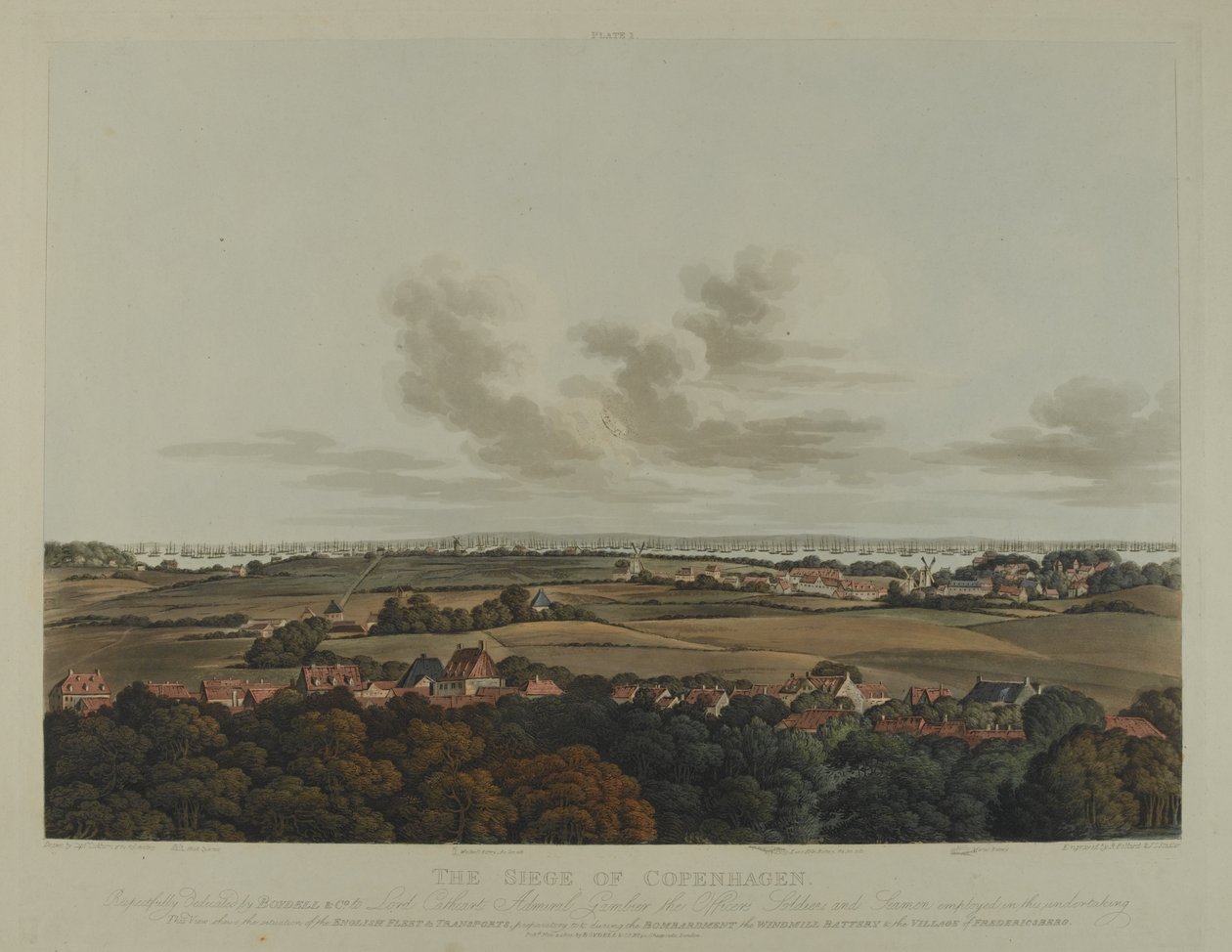 Dánsko 1807: Obléhání Kodaně, vyryto Robertem Pollardem (1792-1867) a Josephem Constantine Stadlerem (1780-1812), vydáno v roce 1807 (barevná akvatinta) od James Pattison Cockburn