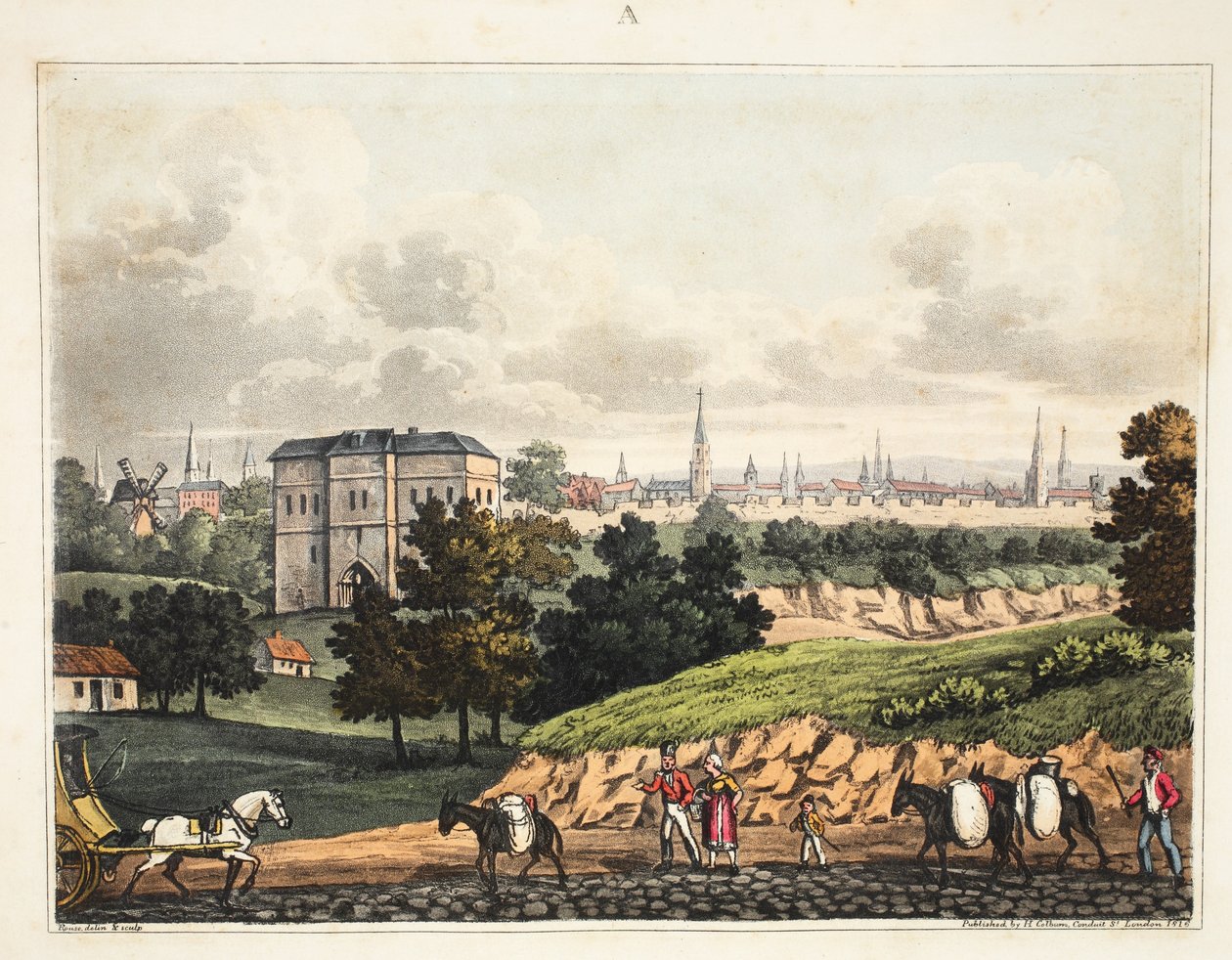 Město Brusel, od vchodu do Foret de Soigne, s bariérou, hospoda H. Colburn, 1816 od James Rouse