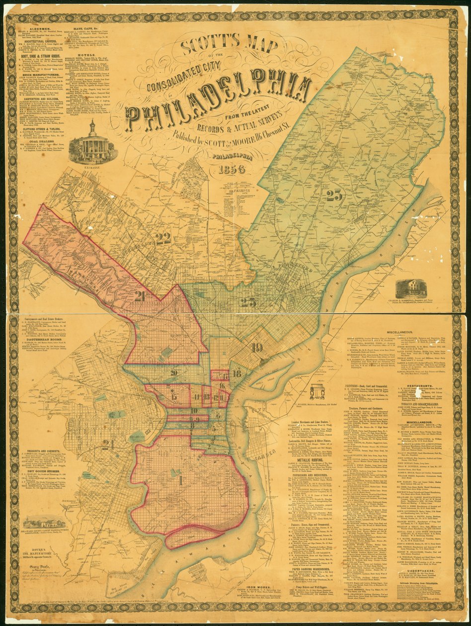 Skotská mapa konsolidovaného města Filadelfie, 1856 (ručně kolorovaná rytina) od James F. Scott