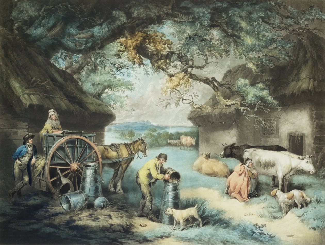 Mléčná farma, rytina umělce, hospoda. od R. Ackermanna, 1801 (rytina mezzotinta) od James Ward
