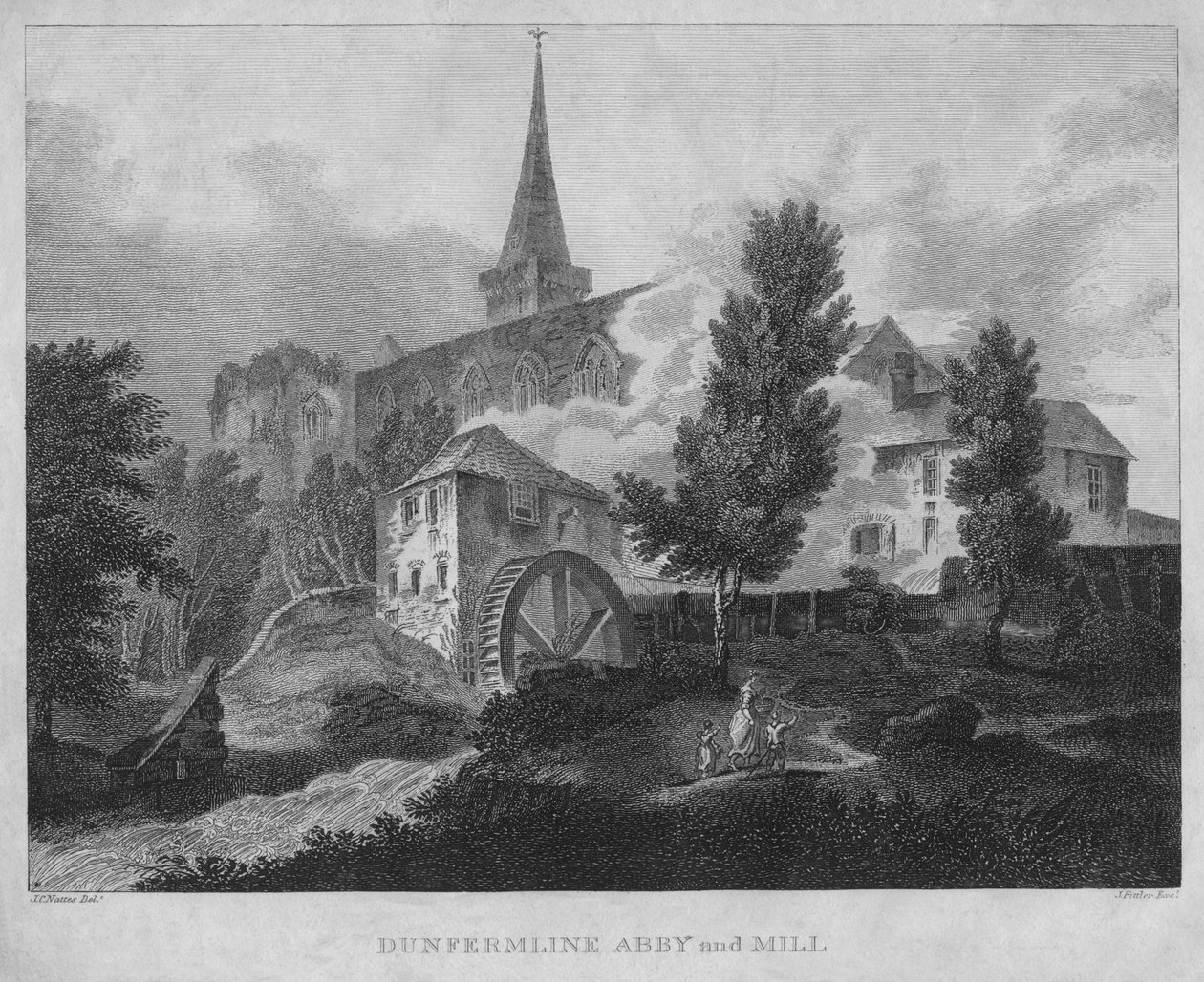 Dunfermline Abby and Mill, 1804 od James Fittler
