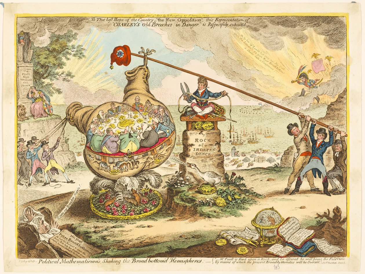 Politický matematik, který otřásá polokoulemi se širokým dnem od James Gillray