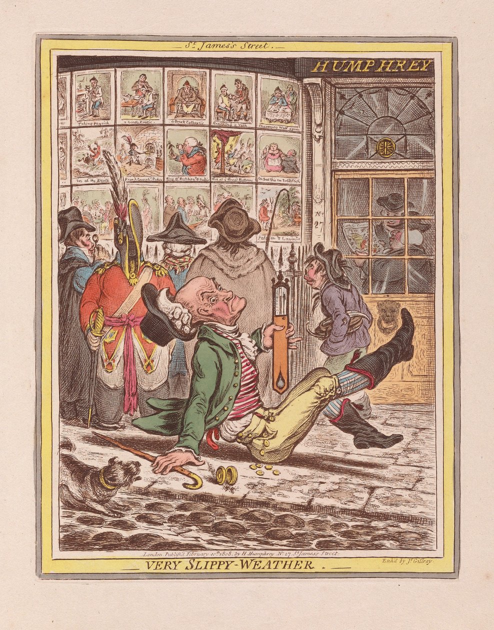 Velmi kluzké počasí, hospoda. 1808 (ručně kolorovaná rytina) od James Gillray