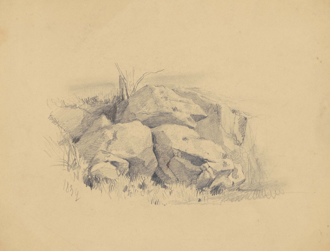 Skály, 1839 (grafit na tkaném papíře) od James Goodwin Clonney