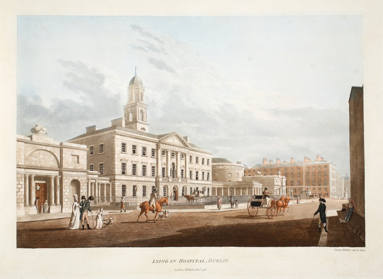 Ležící nemocnice, Dublin, 1795 (ručně kolorovaná rytina) od James Malton
